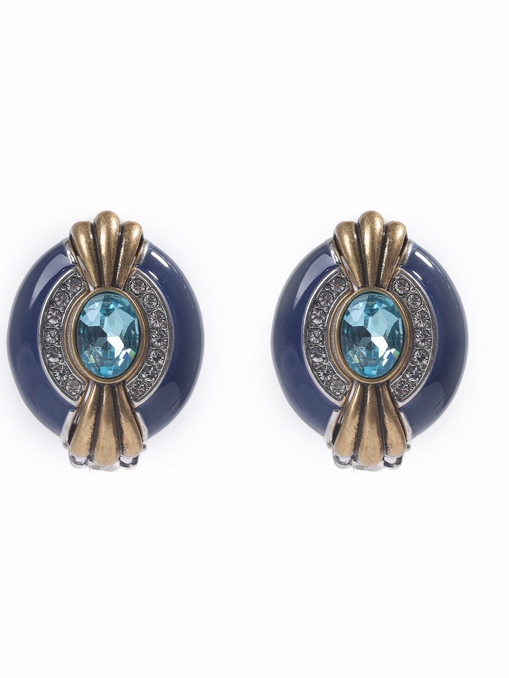 Vintage-Inspired Navy and Aqua Crystal Clip-On Earrings